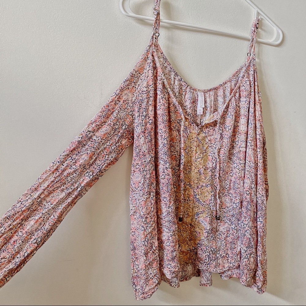 Open shoulder paisley pink blouse